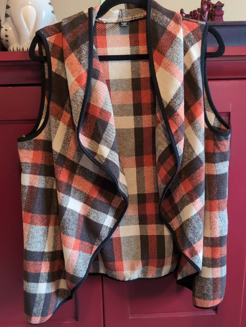 SHEIN Orange Brown & Cream Plaid Open-Front Vest